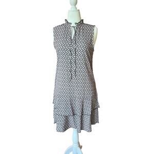 Graphic Pattern Ruffle Flounce Sleeveless Dress Womens Size M 38”L Black & Beige